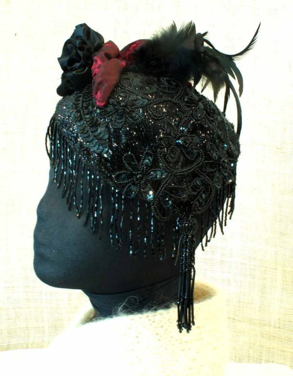 Tasseled Beaded Cap with Satin Rose and Adjustable Feathers